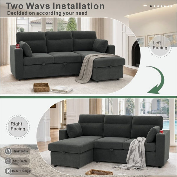 English Elm 82.5 Inch L-Shaped Sleeper Sectional with Storage Chaise and Convertible Pull-Out Bed Dark Gray W5568S00065