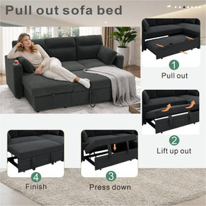 English Elm 82.5 Inch L-Shaped Sleeper Sectional with Storage Chaise and Convertible Pull-Out Bed Dark Gray W5568S00065