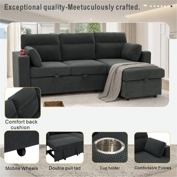 English Elm 82.5 Inch L-Shaped Sleeper Sectional with Storage Chaise and Convertible Pull-Out Bed Dark Gray W5568S00065