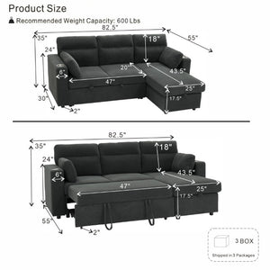 English Elm 82.5 Inch L-Shaped Sleeper Sectional with Storage Chaise and Convertible Pull-Out Bed Dark Gray W5568S00065