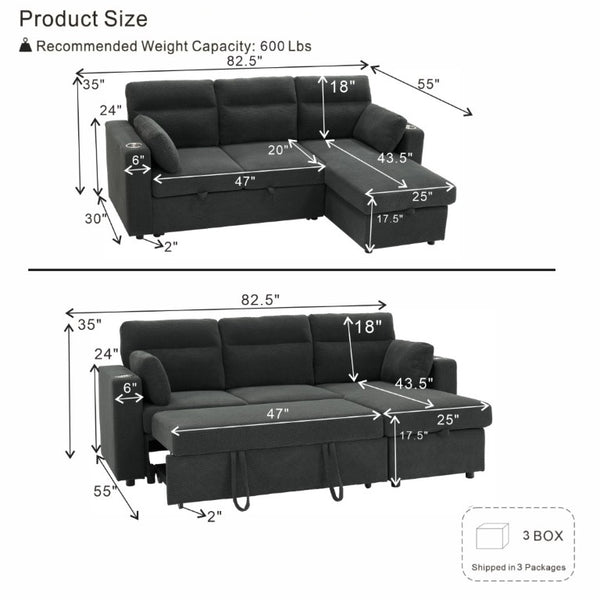 English Elm 82.5 Inch L-Shaped Sleeper Sectional with Storage Chaise and Convertible Pull-Out Bed Dark Gray W5568S00065