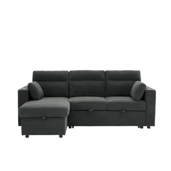 English Elm 82.5 Inch L-Shaped Sleeper Sectional with Storage Chaise and Convertible Pull-Out Bed Dark Gray W5568S00065