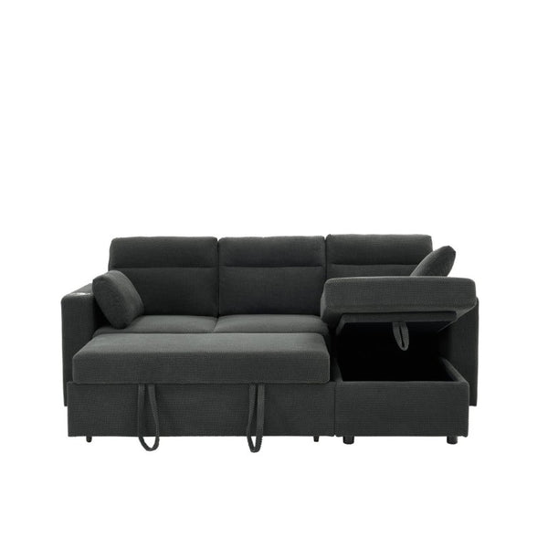 English Elm 82.5 Inch L-Shaped Sleeper Sectional with Storage Chaise and Convertible Pull-Out Bed Dark Gray W5568S00065