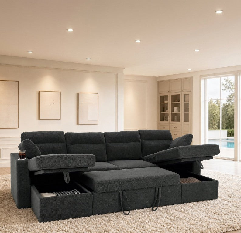 English Elm Reversiblel/R Chaise Sectional with Hidden Storage Tufted Fabric Sofa for Living Room Dark Gray W5568S00066