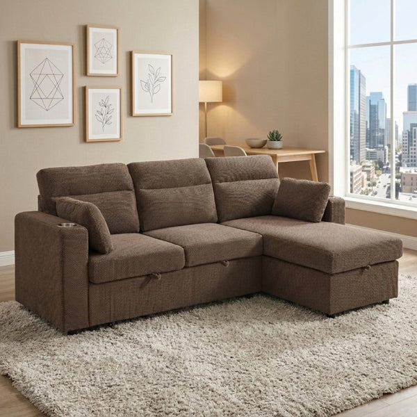 English Elm 82.5 Inch L-Shaped Sleeper Sectional with Storage Chaise and Convertible Pull-Out Bed Coffee W5568S00067