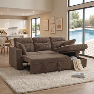 English Elm 82.5 Inch L-Shaped Sleeper Sectional with Storage Chaise and Convertible Pull-Out Bed Coffee W5568S00067