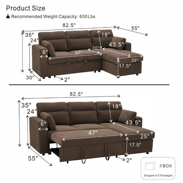 English Elm 82.5 Inch L-Shaped Sleeper Sectional with Storage Chaise and Convertible Pull-Out Bed Coffee W5568S00067