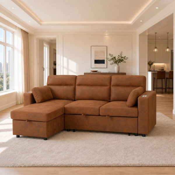 English Elm 82.5 Inch L-Shaped Sleeper Sectional with Storage Chaise and Convertible Pull-Out Bed Light Brown W5568S00069