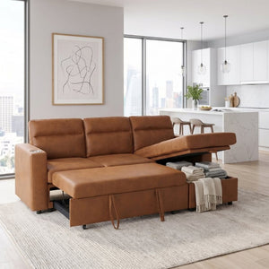 English Elm 82.5 Inch L-Shaped Sleeper Sectional with Storage Chaise and Convertible Pull-Out Bed Light Brown W5568S00069