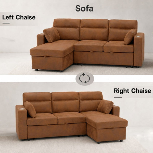 English Elm 82.5 Inch L-Shaped Sleeper Sectional with Storage Chaise and Convertible Pull-Out Bed Light Brown W5568S00069