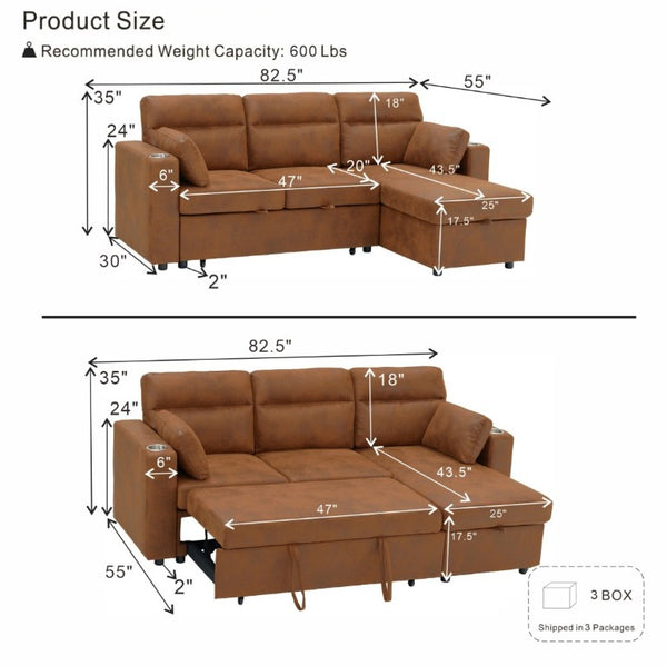 English Elm 82.5 Inch L-Shaped Sleeper Sectional with Storage Chaise and Convertible Pull-Out Bed Light Brown W5568S00069