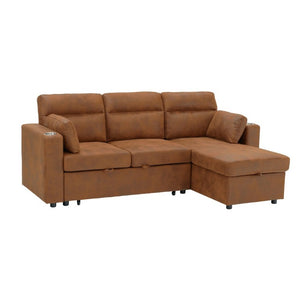 English Elm 82.5 Inch L-Shaped Sleeper Sectional with Storage Chaise and Convertible Pull-Out Bed Light Brown W5568S00069