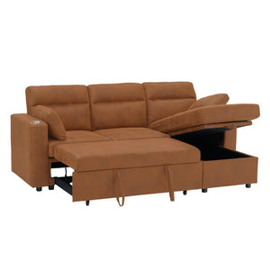English Elm 82.5 Inch L-Shaped Sleeper Sectional with Storage Chaise and Convertible Pull-Out Bed Light Brown W5568S00069