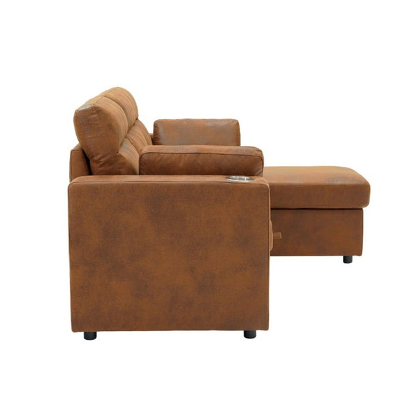 English Elm 82.5 Inch L-Shaped Sleeper Sectional with Storage Chaise and Convertible Pull-Out Bed Light Brown W5568S00069