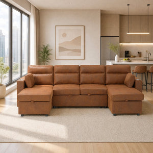 English Elm Convertible U-Shaped Sectional Sleeper Sofa with Dual Storage Chaises and Cup Holders W5568S00070
