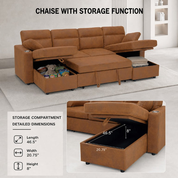 English Elm Convertible U-Shaped Sectional Sleeper Sofa with Dual Storage Chaises and Cup Holders W5568S00070