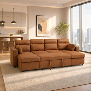 English Elm Convertible U-Shaped Sectional Sleeper Sofa with Dual Storage Chaises and Cup Holders W5568S00070