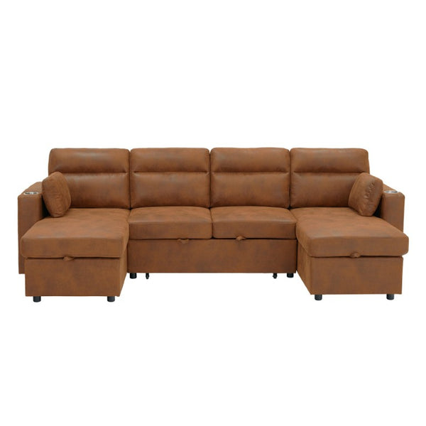 English Elm Convertible U-Shaped Sectional Sleeper Sofa with Dual Storage Chaises and Cup Holders W5568S00070