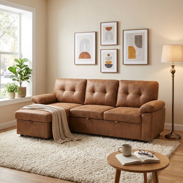 English Elm 88.5 Inch L-Shaped Sleeper Sectional with Storage Chaise and Button-Tufted Foil Fabric Light Brown W5568S00071