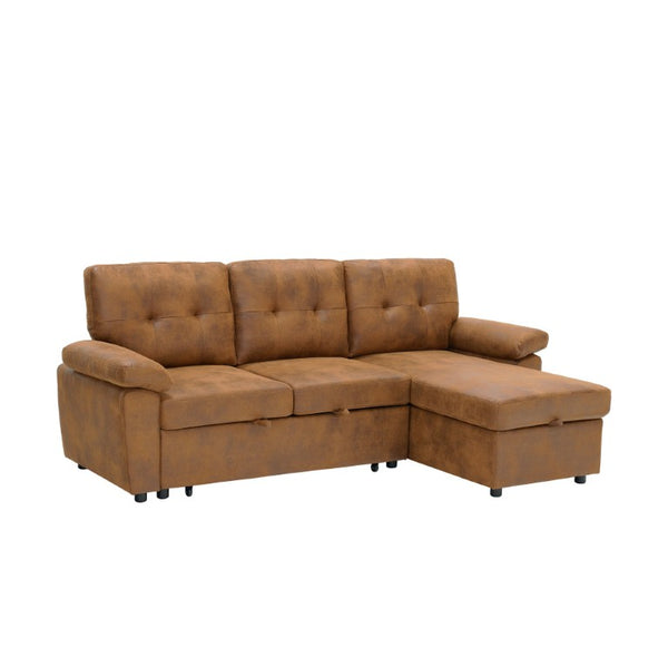 English Elm 88.5 Inch L-Shaped Sleeper Sectional with Storage Chaise and Button-Tufted Foil Fabric Light Brown W5568S00071