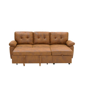 English Elm 88.5 Inch L-Shaped Sleeper Sectional with Storage Chaise and Button-Tufted Foil Fabric Light Brown W5568S00071