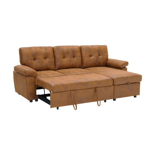 English Elm 88.5 Inch L-Shaped Sleeper Sectional with Storage Chaise and Button-Tufted Foil Fabric Light Brown W5568S00071