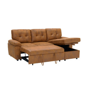 English Elm 88.5 Inch L-Shaped Sleeper Sectional with Storage Chaise and Button-Tufted Foil Fabric Light Brown W5568S00071
