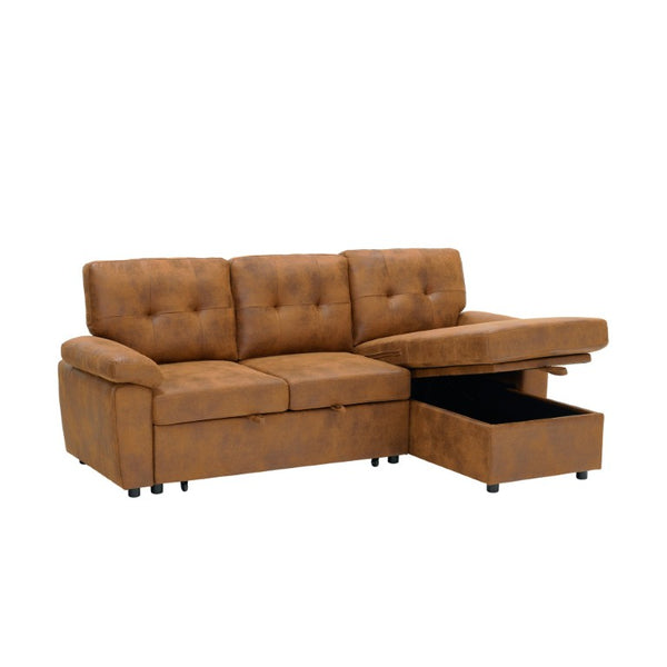 English Elm 88.5 Inch L-Shaped Sleeper Sectional with Storage Chaise and Button-Tufted Foil Fabric Light Brown W5568S00071