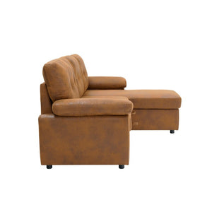 English Elm 88.5 Inch L-Shaped Sleeper Sectional with Storage Chaise and Button-Tufted Foil Fabric Light Brown W5568S00071