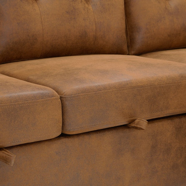 English Elm 88.5 Inch L-Shaped Sleeper Sectional with Storage Chaise and Button-Tufted Foil Fabric Light Brown W5568S00071