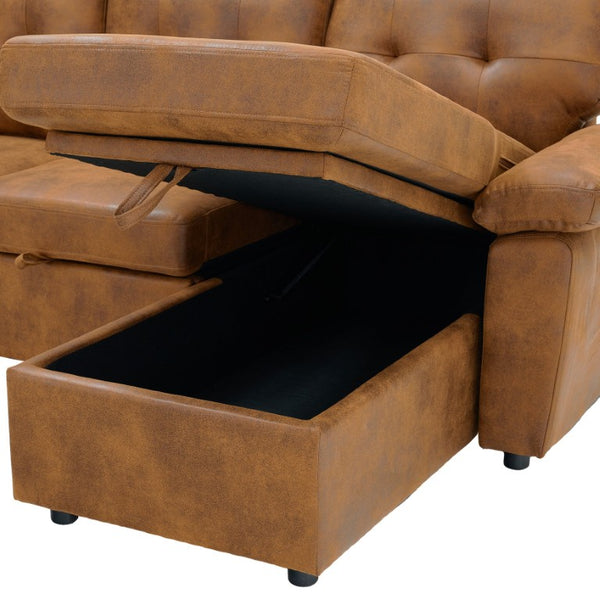 English Elm 88.5 Inch L-Shaped Sleeper Sectional with Storage Chaise and Button-Tufted Foil Fabric Light Brown W5568S00071
