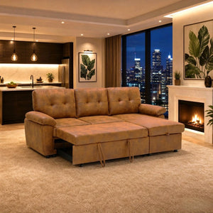 English Elm 88.5 Inch L-Shaped Sleeper Sectional with Storage Chaise and Button-Tufted Foil Fabric Light Brown W5568S00071