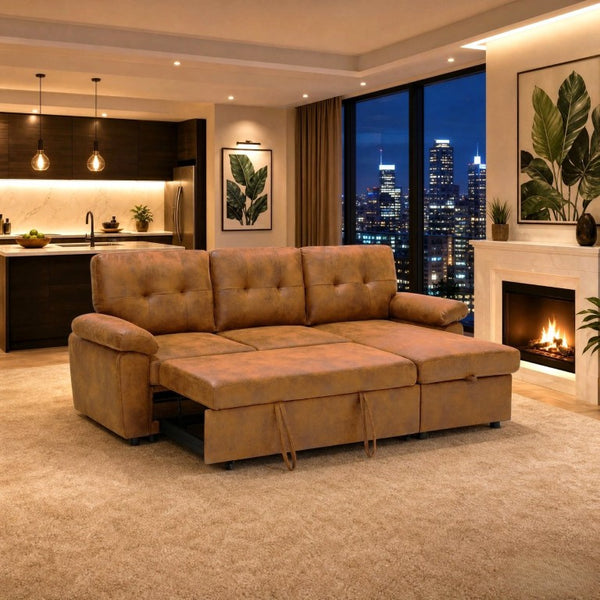 English Elm 88.5 Inch L-Shaped Sleeper Sectional with Storage Chaise and Button-Tufted Foil Fabric Light Brown W5568S00071