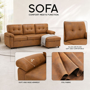 English Elm 88.5 Inch L-Shaped Sleeper Sectional with Storage Chaise and Button-Tufted Foil Fabric Light Brown W5568S00071