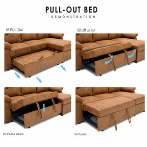 English Elm 88.5 Inch L-Shaped Sleeper Sectional with Storage Chaise and Button-Tufted Foil Fabric Light Brown W5568S00071