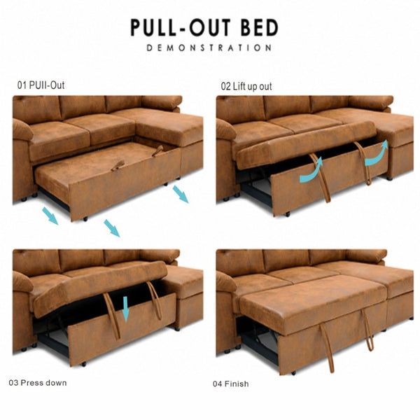 English Elm 88.5 Inch L-Shaped Sleeper Sectional with Storage Chaise and Button-Tufted Foil Fabric Light Brown W5568S00071