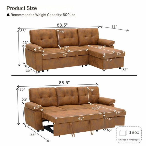 English Elm 88.5 Inch L-Shaped Sleeper Sectional with Storage Chaise and Button-Tufted Foil Fabric Light Brown W5568S00071