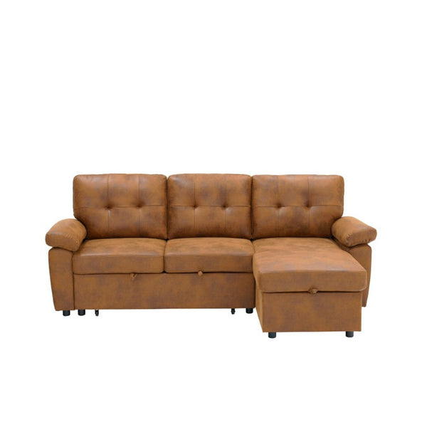 English Elm 88.5 Inch L-Shaped Sleeper Sectional with Storage Chaise and Button-Tufted Foil Fabric Light Brown W5568S00071