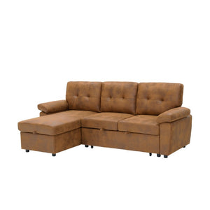 English Elm 88.5 Inch L-Shaped Sleeper Sectional with Storage Chaise and Button-Tufted Foil Fabric Light Brown W5568S00071