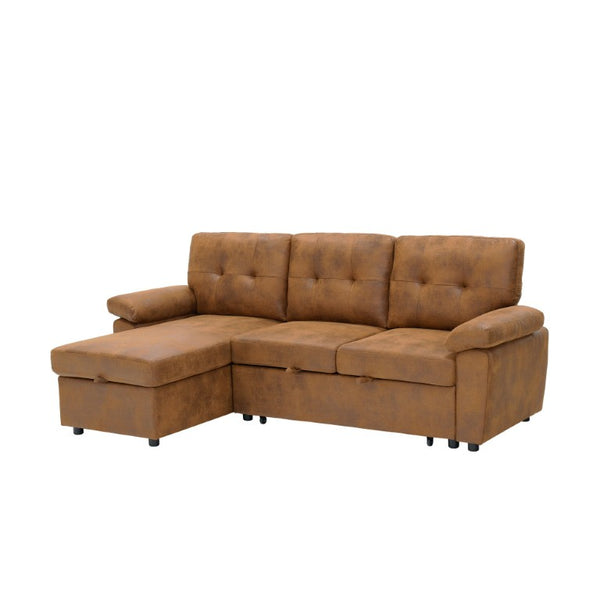 English Elm 88.5 Inch L-Shaped Sleeper Sectional with Storage Chaise and Button-Tufted Foil Fabric Light Brown W5568S00071