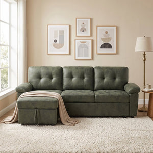 English Elm 88.5 Inch L-Shaped Sleeper Sectional with Storage Chaise and Button-Tufted Foil Fabric Olive Green W5568S00072