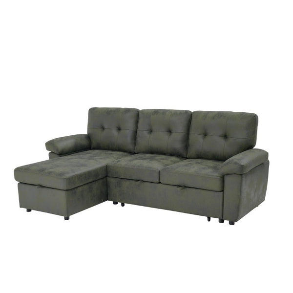 English Elm 88.5 Inch L-Shaped Sleeper Sectional with Storage Chaise and Button-Tufted Foil Fabric Olive Green W5568S00072