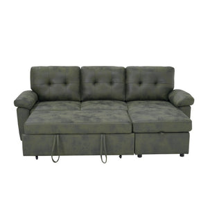 English Elm 88.5 Inch L-Shaped Sleeper Sectional with Storage Chaise and Button-Tufted Foil Fabric Olive Green W5568S00072