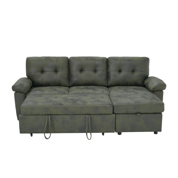 English Elm 88.5 Inch L-Shaped Sleeper Sectional with Storage Chaise and Button-Tufted Foil Fabric Olive Green W5568S00072