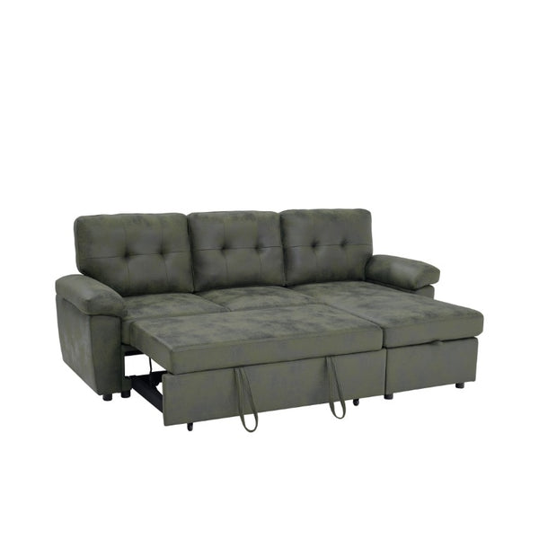 English Elm 88.5 Inch L-Shaped Sleeper Sectional with Storage Chaise and Button-Tufted Foil Fabric Olive Green W5568S00072
