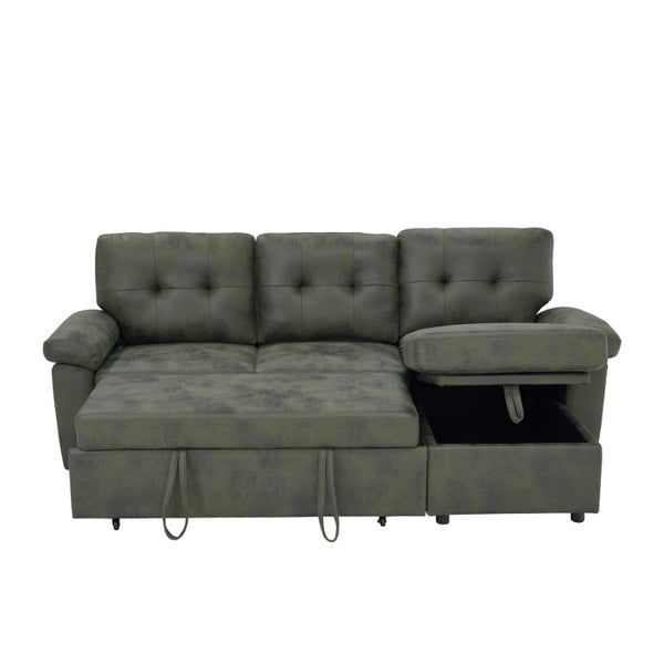 English Elm 88.5 Inch L-Shaped Sleeper Sectional with Storage Chaise and Button-Tufted Foil Fabric Olive Green W5568S00072