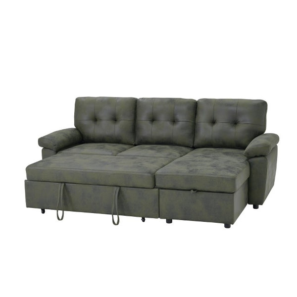 English Elm 88.5 Inch L-Shaped Sleeper Sectional with Storage Chaise and Button-Tufted Foil Fabric Olive Green W5568S00072