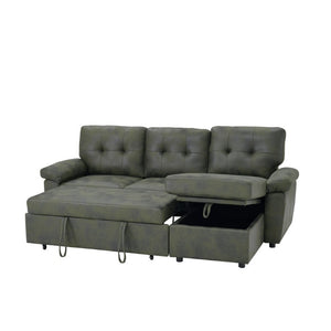 English Elm 88.5 Inch L-Shaped Sleeper Sectional with Storage Chaise and Button-Tufted Foil Fabric Olive Green W5568S00072