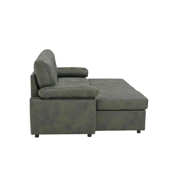 English Elm 88.5 Inch L-Shaped Sleeper Sectional with Storage Chaise and Button-Tufted Foil Fabric Olive Green W5568S00072