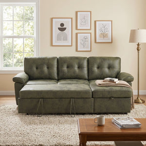 English Elm 88.5 Inch L-Shaped Sleeper Sectional with Storage Chaise and Button-Tufted Foil Fabric Olive Green W5568S00072